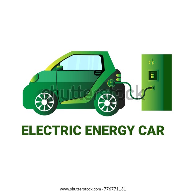 Electric Energy Car At Charging Station Icon\
Hybrid Vechicle Flat Vectro\
Illustration