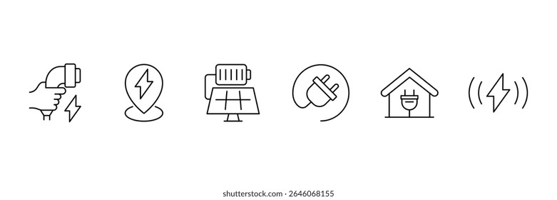 Elektrische Energie-Ladestecker Solarkraftwerk Symbol-Set für erneuerbare saubere Technologie Haus Batterie-Anschluss-Symbol Vektorgrafik.