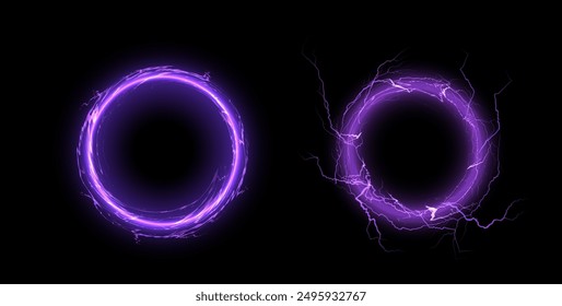 Electric energy circles. Vector illustration set of two glowing purple electric circular frames with lightning effects on a black background. Perfect for sci-fi designs and futuristic themes.