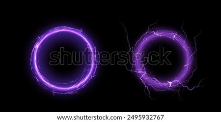 Electric energy circles. Vector illustration set of two glowing purple electric circular frames with lightning effects on a black background. Perfect for sci-fi designs and futuristic themes.