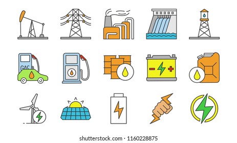 Electric energy color icons set. Electricity. Power generation and accumulation. Electric power industry. Alternative energy resources. Isolated vector illustrations