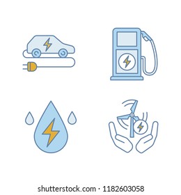 Electric energy color icons set. Alternative energetic resources. Eco car, water and wind energy, electric vehicle charging station. Isolated vector illustrations
