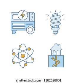 Electric energy color icons set. Portable power generator, compact fluorescent lamp, geothermal and nuclear energy. Isolated vector illustrations