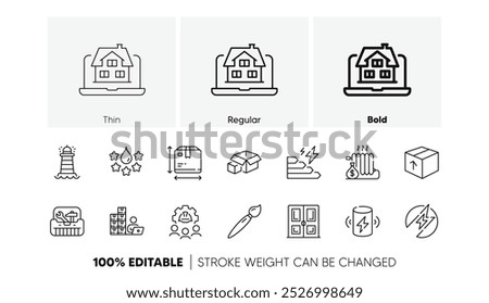 Electric energy, Consumption growth and Packing boxes line icons. Pack of Box size, Door, Charge battery icon. Package, Inventory, Brush pictogram. Realtor, Radiator, Engineering team. Vector