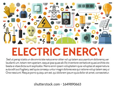 Electric energy, electricity power generation, solar batteries banner vector. Electrician tools, voltmeter and pliers, screwdriver and socket, switch and charger. Light bulb and gloves, eco windmills