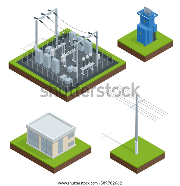 Electric\
Energy Factory Distribution Chain. Communication, technology town,\
electric, energy. Vector isometric\
illustration