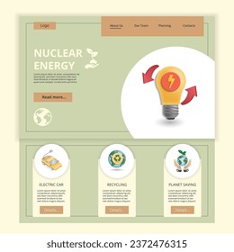 Electric energy flat landing page website template. Electric car, recycling, planet saving. Web banner with header, content and footer. Vector illustration.