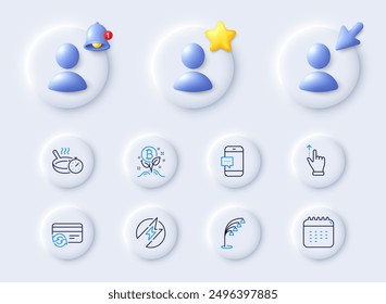 Electric energy, Frying pan and Bitcoin project line icons. Placeholder with 3d cursor, bell, star. Pack of Touchscreen gesture, Change card, Floor lamp icon. Vector