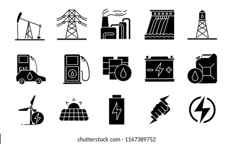 Electric Energy Glyph Icons Set. Electricity. Power Generation And Accumulation. Electric Power Industry. Alternative Energy Resources. Silhouette Symbols. Vector Isolated Illustration