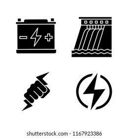 Electric energy glyph icons set. Accumulator, hydroelectric dam, power fist, lightning bolt. Silhouette symbols. Vector isolated illustration