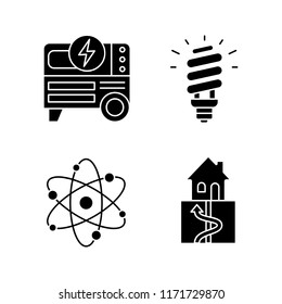 Electric energy glyph icons set. Portable power generator, compact fluorescent lamp, geothermal and nuclear energy. Silhouette symbols. Vector isolated illustration