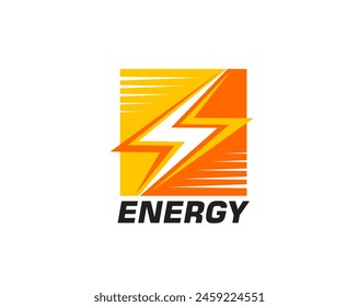 Electric energy icon featuring stylized dynamic lightning bolt or flash. Isolated vector emblem in red and orange colors symbolizing power, battery charge, efficiency and modern electrical solutions