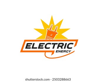 Electric energy icon of plug and power cable with electricity spark flash, vector emblem. Electric car charge station, energy provider service or power generation company sign of electric socket plug