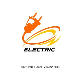 Electric energy icon of power industry. Vector lightning bolt with electric plug and cable swirl isolated symbol of electricity technology. Orange electrical supplies and thunderbolt, power energy