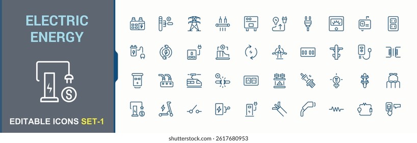 Electric Energy icon set. Contain linear sign solar, energy, eco, charging station, electric and more. Electricity icon. Minimal linear icons. Vector collections.
