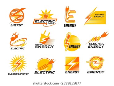 Ícone de energia elétrica com raios de energia vetorial ou raios de raio, plugues de carga com cabo e cabo. Fornecimentos elétricos símbolos isolados com faíscas amarelas, indústria de energia elétrica, eletricidade