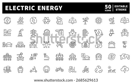 Electric energy icons set – editable line icons, linear, renewable and eco symbols