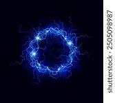 Electric energy lightning ball with sparkles, glow, flashes. Plasma magic sphere isolated on dark background.