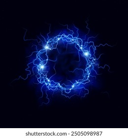 Electric energy lightning ball with sparkles, glow, flashes. Plasma magic sphere isolated on dark background.