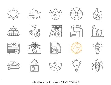 Electric energy linear icons set. Electricity. Power generation and accumulation. Electric power industry.  Thin line contour symbols. Isolated vector outline illustrations. Editable stroke