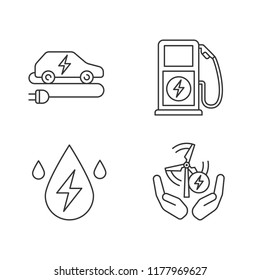 Electric energy linear icons set. Alternative energetic resources. Eco car, water and wind energy, electric vehicle charging station. Isolated vector outline illustrations. Editable stroke