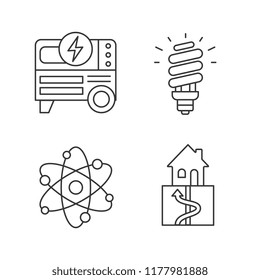 Electric energy linear icons set. Portable power generator, compact fluorescent lamp, geothermal and nuclear energy. Thin line contour symbols. Isolated vector outline illustrations. Editable stroke