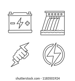 Electric energy linear icons set. Accumulator, hydroelectric dam, power fist, lightning bolt. Thin line contour symbols. Isolated vector outline illustrations. Editable stroke