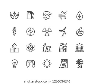 Electric energy linear icons set. Electricity. Power generation and accumulation. Thin line contour symbols. Isolated vector outline illustrations. Editable stroke 48x48 Pixel Perfect.