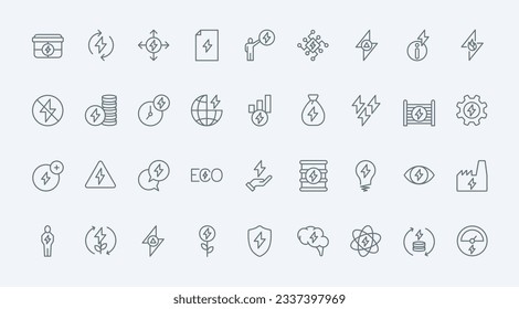 Electric energy, money and efficiency thin line icons set vector illustration. Outline lightning symbols and dynamic performance grow of electricity price, pictograms of electrified power industry