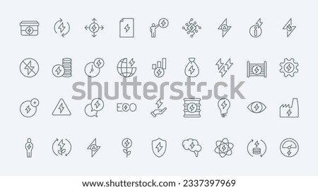 Electric energy, money and efficiency thin line icons set vector illustration. Outline lightning symbols and dynamic performance grow of electricity price, pictograms of electrified power industry Foto d'archivio © 