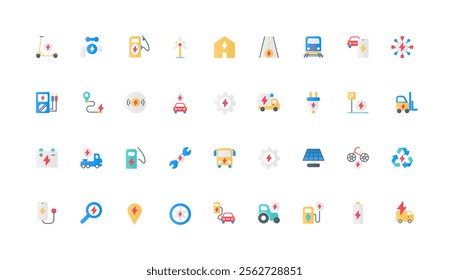 Electric energy and power production, fuel color icon set with lightning. Electro scooter and bike, car charger and repair station, parking and plug, battery flat elements vector illustration