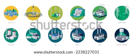 Electric energy power station generation types. Mix of solar, water, fossil, wind, nuclear, coal, gas, biomass, geothermal, battery storage and grid lines. Natural renewable pollution plant resources.