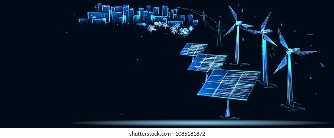 ?lean electric energy from renewable sources sun and wind. Power plant station buildings with solar panels and wind turbines on city skyline urban landscape background. Low poly vector illustration