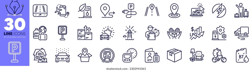 Electric energy, Road and Delivery man line icons pack. Location, Delivery route, Package location web icon. Lighthouse, Airport transfer, Home moving pictogram. Gps, Baggage, Hold box. Vector