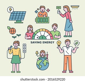 Electric energy saving infographic characters collection. outline simple vector illustration.