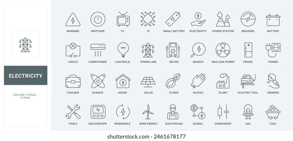 Electric energy and supply thin black and red line icons set vector illustration. Outline toolbox of electrician and household appliances symbols, circuit and high voltage power poles, LED lamp