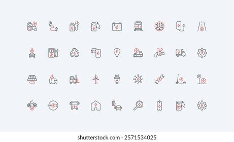 Electric energy transport, battery and electro car, sustainable power generation in green city line icon set. Charger station and parking, recycle thin black and red outline symbol vector illustration