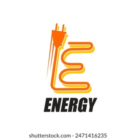 Icono de Vector de energía eléctrica con enchufe y cable o cable eléctrico. Equipo eléctrico amarillo anaranjado símbolo aislado de tecnologías eléctricas, industria de energía y energía, servicio de electricista