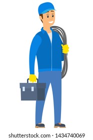 Electric or engineer standing with rope and handbag, portrait and full length view of smiling worker wearing cap and gloves, construction element vector