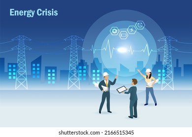 Electric engineer team discuss on energy crisis with electricity station and city background. World environment day, earth day and energy crisis concept.