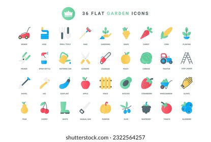 Electric equipment, gardening tools with handle to care farm plants and lawn grass, vegetables and fruit. Garden tools and agriculture trendy flat icons set vector illustration