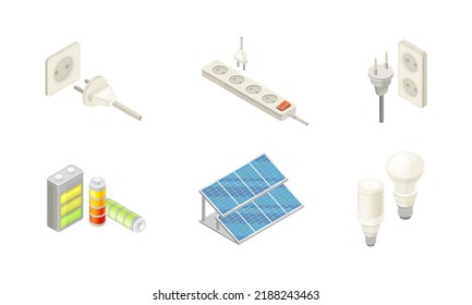 Electric Equipment Set. Electrical Power Objects, Solar Pannel, Battery, Plug, Socket And Light Bulb Isometric Vector Illustration