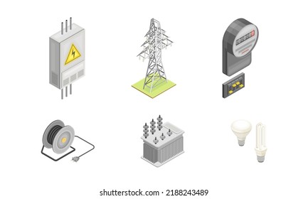 Electric equipment set. Electrical power objects isometric vector illustration