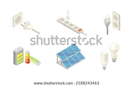 Electric equipment set. Electrical power objects, solar pannel, battery, plug, socket and light bulb isometric vector illustration