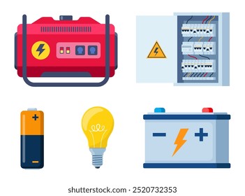 Equipamento elétrico. Gerador de energia elétrica portátil. Painel elétrico com interruptores, disjuntor automático. Bateria, lâmpada. Tecnologia, eletricidade, conceito de energia. Vetor