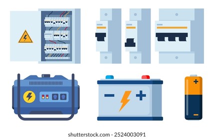 Equipo eléctrico. Generador eléctrico portátil. Panel eléctrico con interruptores, disyuntor automático. Batería, bombilla. Tecnología, electricidad, concepto de energía. Vector