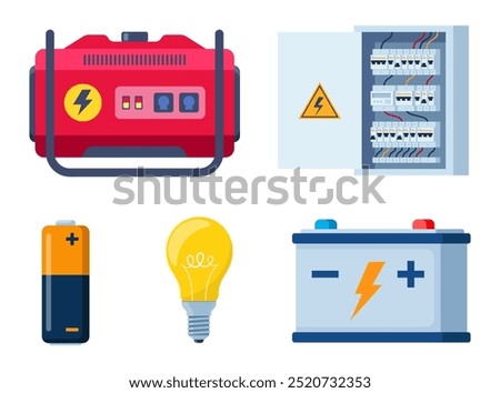 Electric equipment set. Portable electric power generator. Electrical panel with switches, automatic circuit breaker. Battery, light bulb. Technology, electricity, energy concept. Vector