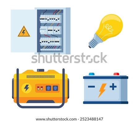 Electric equipment set. Portable electric power generator. Electrical panel with switches, automatic circuit breaker. Battery, light bulb. Technology, electricity, energy concept. Vector