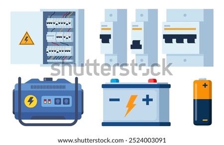 Electric equipment set. Portable electric power generator. Electrical panel with switches, automatic circuit breaker. Battery, light bulb. Technology, electricity, energy concept. Vector