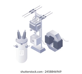 Electric equipment transformer technology infographic 3d illustration flat isometric